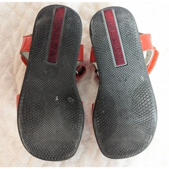 Prada Girls Orange Strappy Sandals Silver Metal Chain Designer 0261 Shoes 26 - Picture 5 of 9